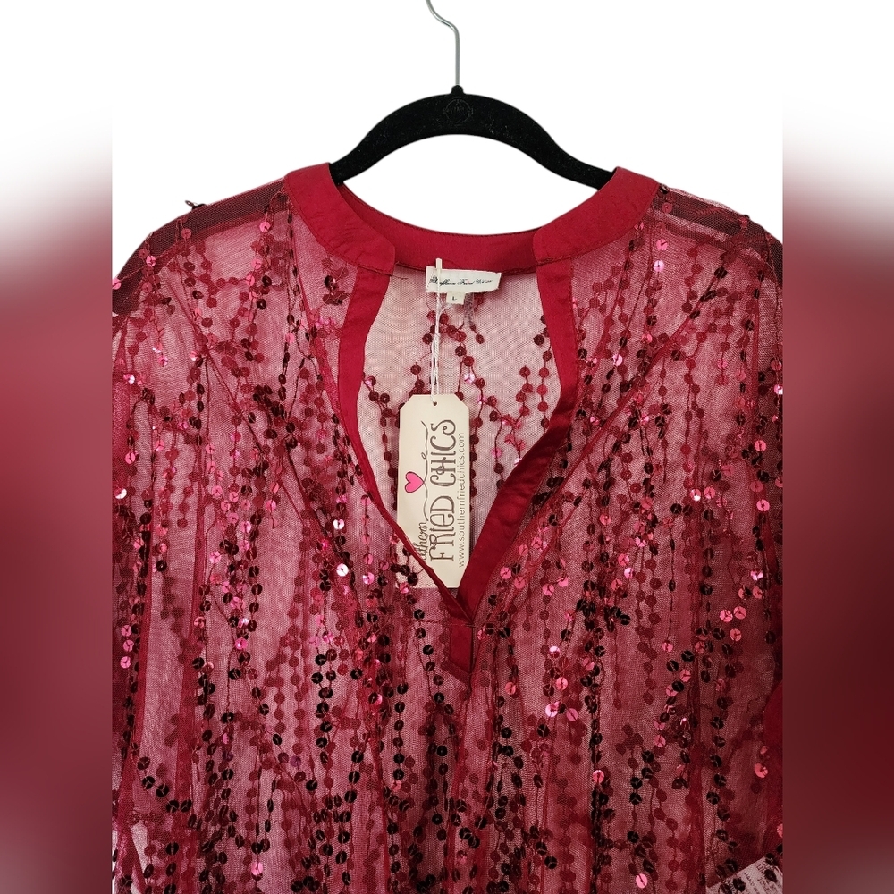 SOUTHERN FRIED CHICS red sequined top, hi-low hem, tunic, size L - Picture 3 of 7